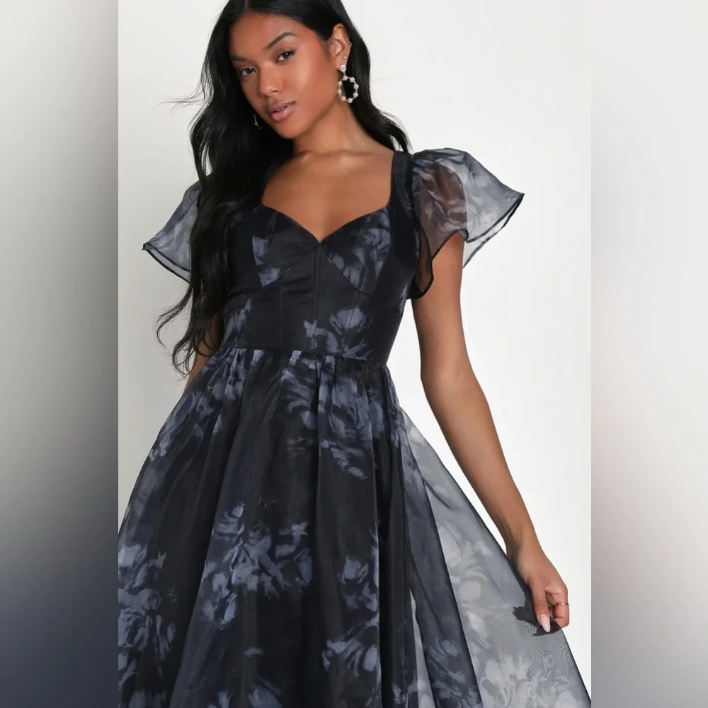 Lulu's Navy and Black Floral Chiffon Midi Dress - Picture 3 of 4